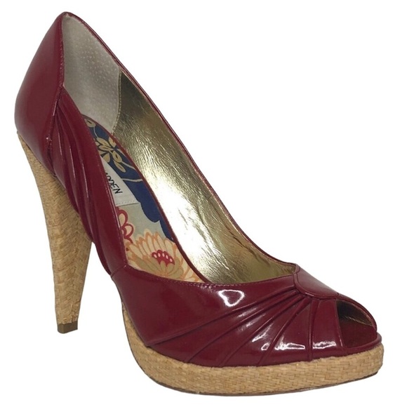 STEVE MADDEN Heels Women's Size US9 Red Tan Richh Leather Peep Toe Shoes - Picture 1 of 11